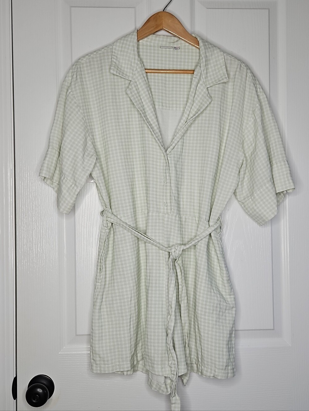 Rhythm. Gingham Check Romper Size L One-Piece Jumpsuit Sage Green Beach Belted